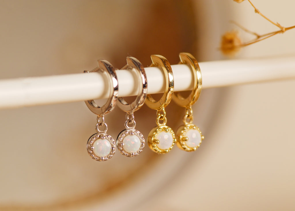Bliss Opal Drop Earrings in Gold, White - Mood Shot