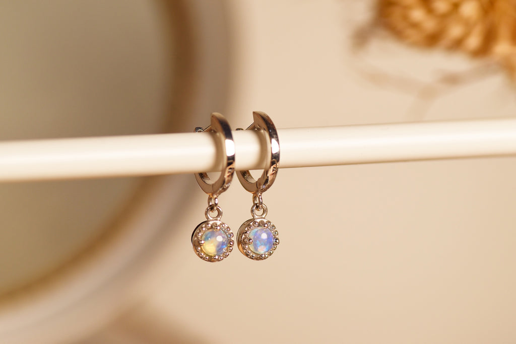 Bliss Opal Drop Earrings in White Gold, Blue - Mood Shot
