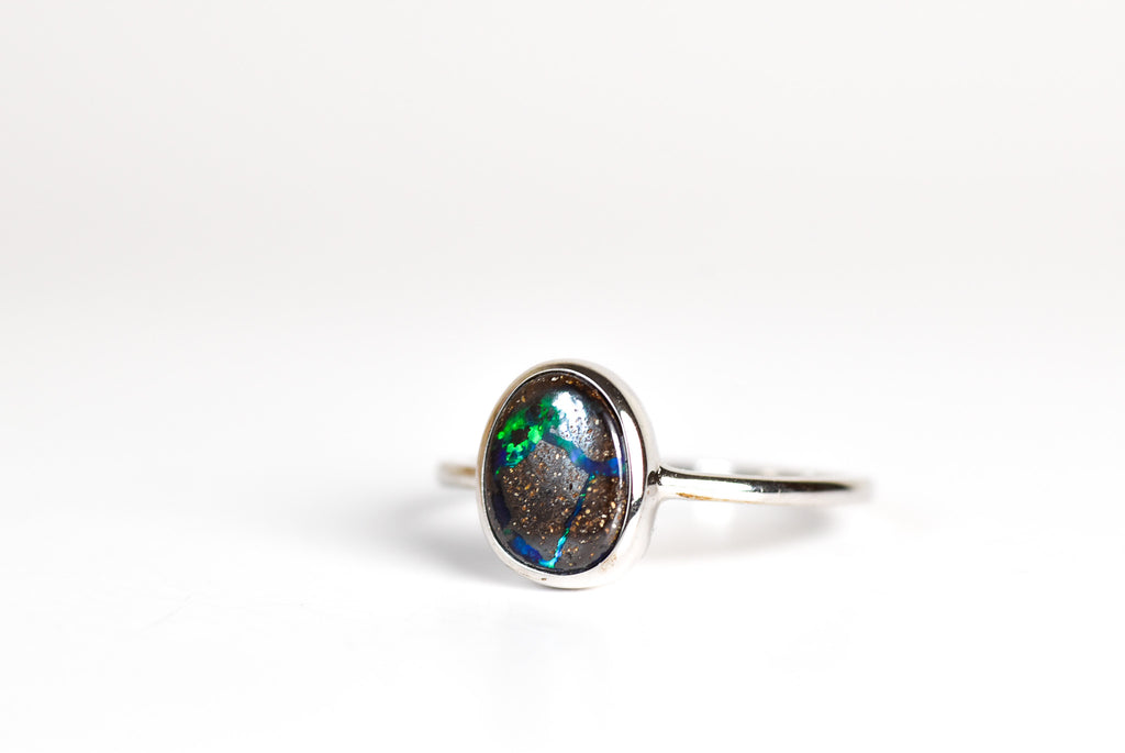 Blue Vein Boulder Opal Ring in Sterling Silver - Three-Quarter View