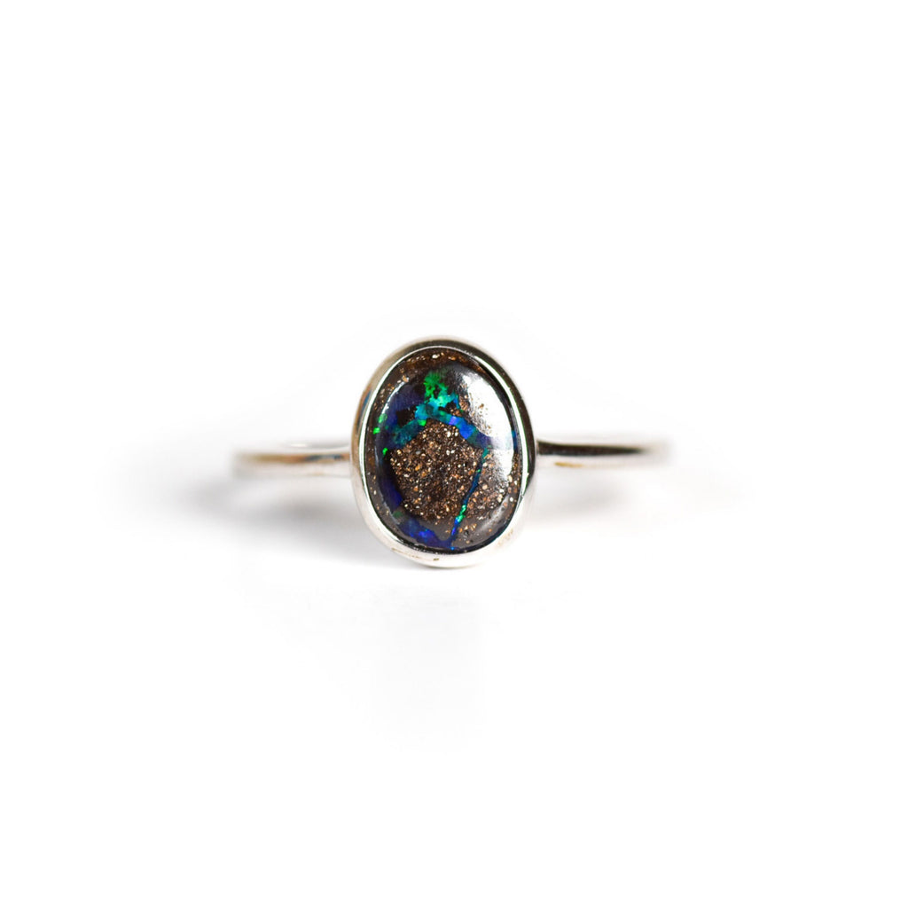 Blue Vein Boulder Opal Ring in Sterling Silver