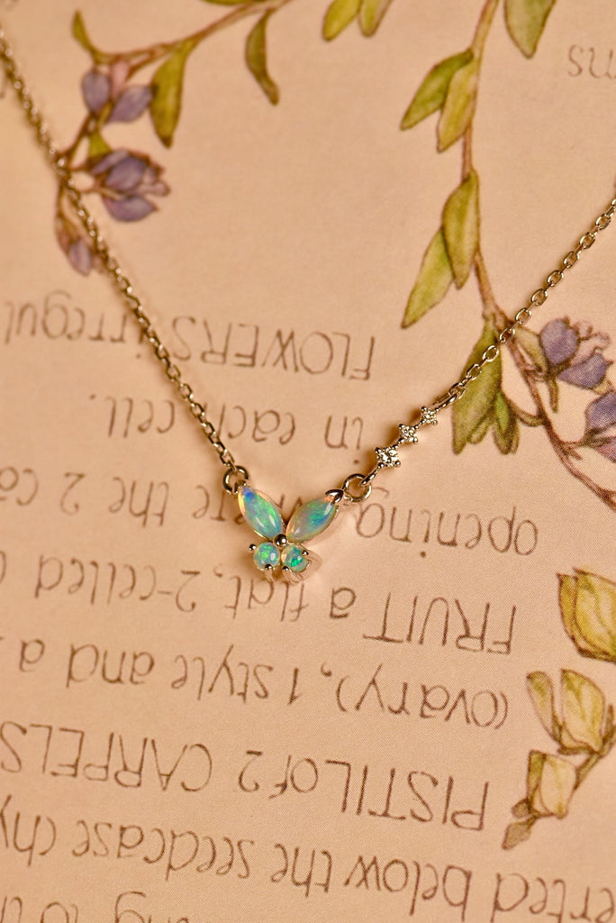 Butterfly Opal Necklace with Diamonds in White Gold - Mood Shot