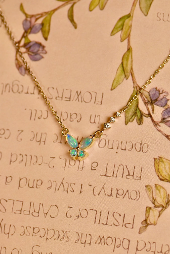 Butterfly Opal Necklace with Diamonds in Yellow Gold - Mood Shot