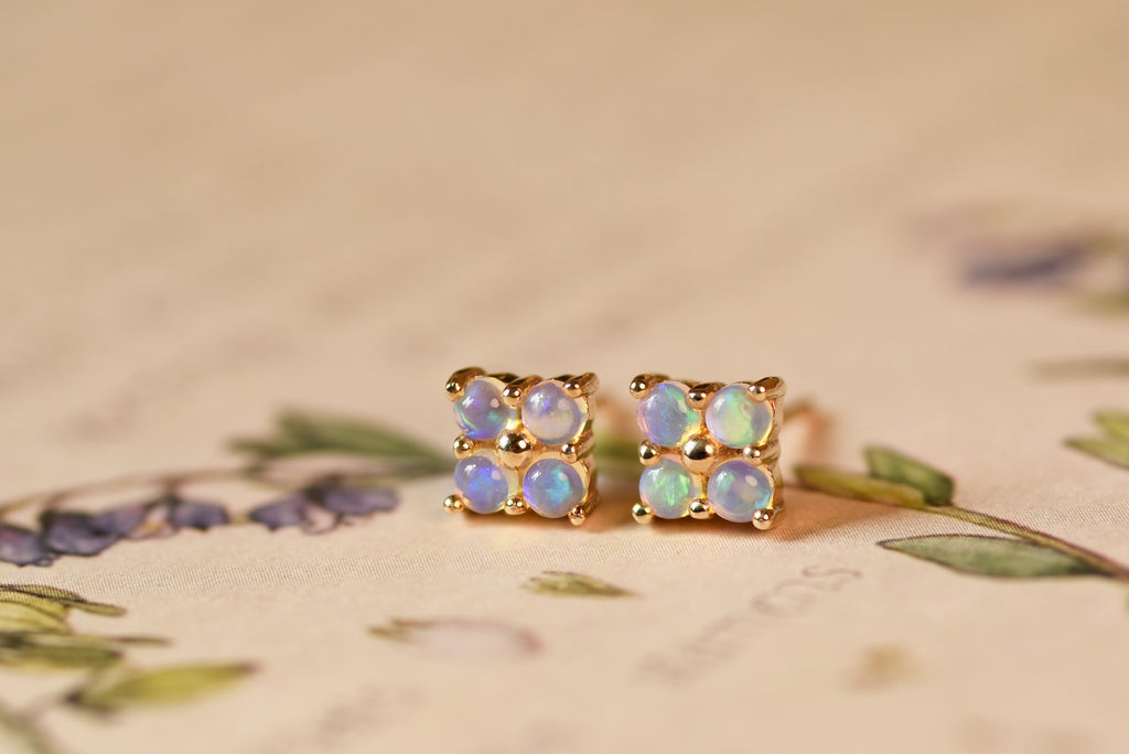 Clover Opal Earrings in Yellow Gold, Blue - Mood Shot