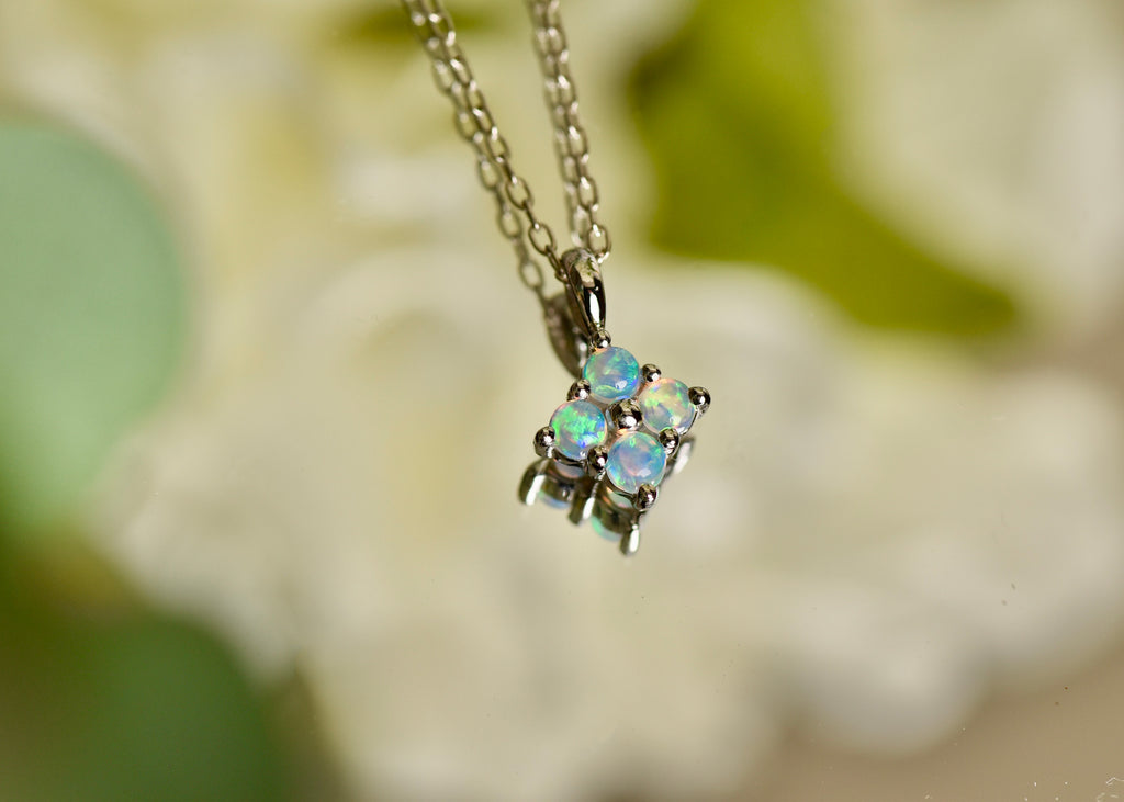 Clover Opal Necklace in White Gold, Blue - Mood Shot