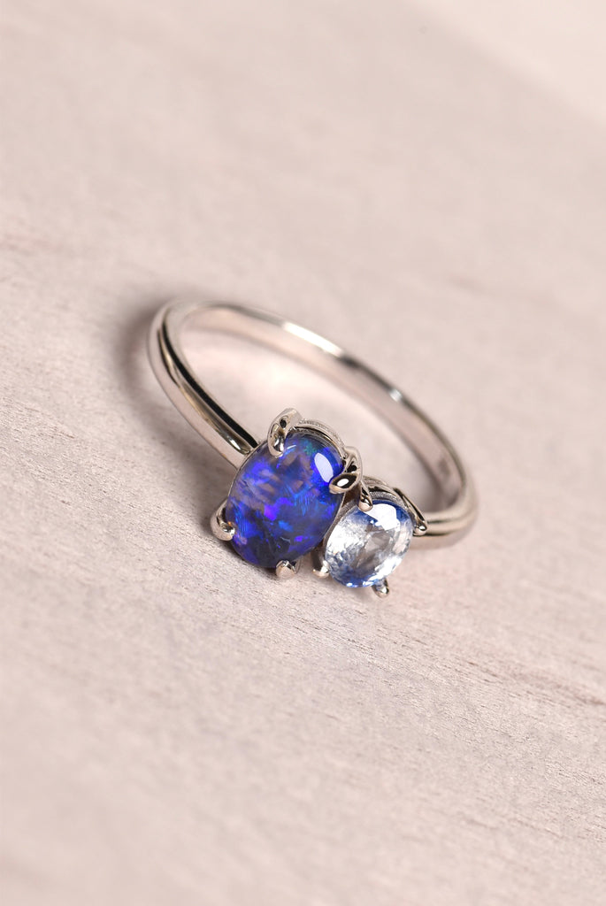 Elysia Dark Opal Ring with Blue Sapphire in White Gold - Mood Shot
