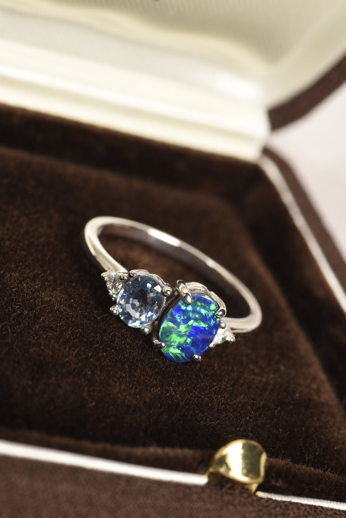Elysia Opal Ring with Blue Sapphire and Diamonds in Rose Gold - Mood Shot
