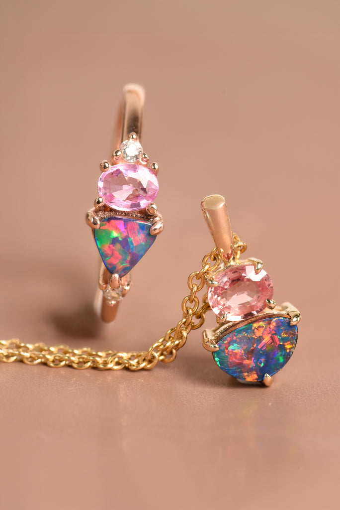 Elysia Opal Ring with Pink Sapphire and Diamonds in Rose Gold - Mood Shot
