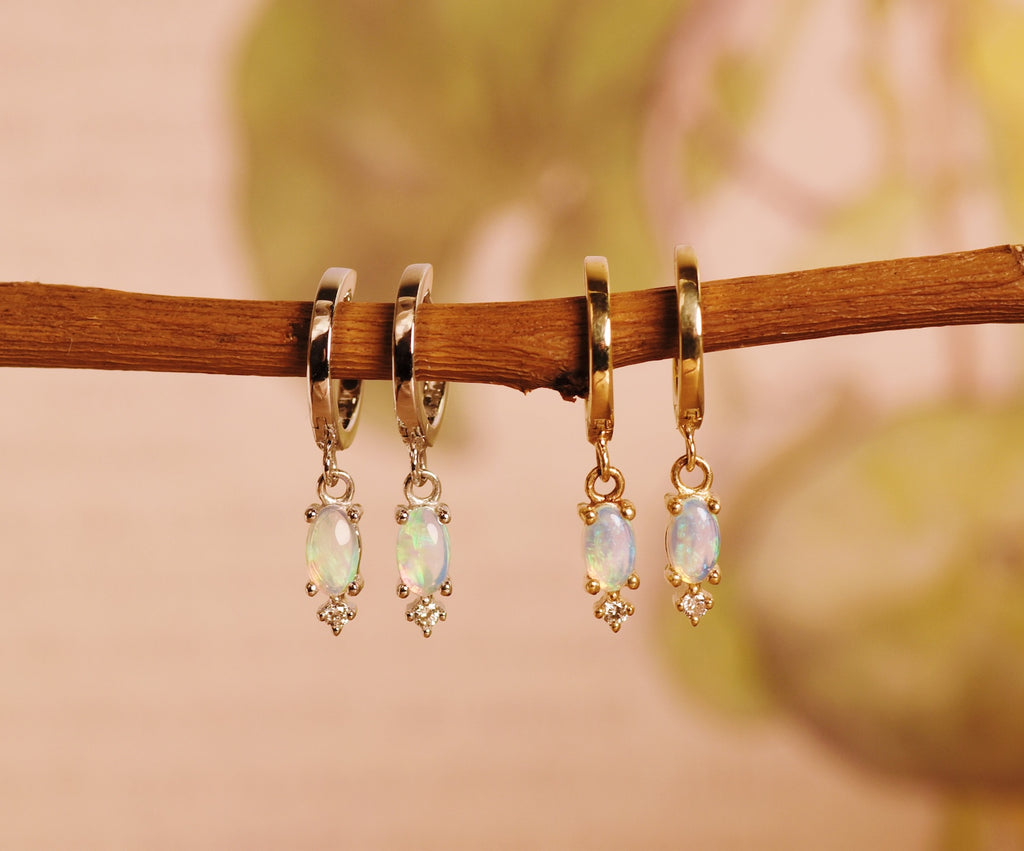 Grace Opal Hoop Earrings with Diamonds in Yellow Gold - Mood Shot