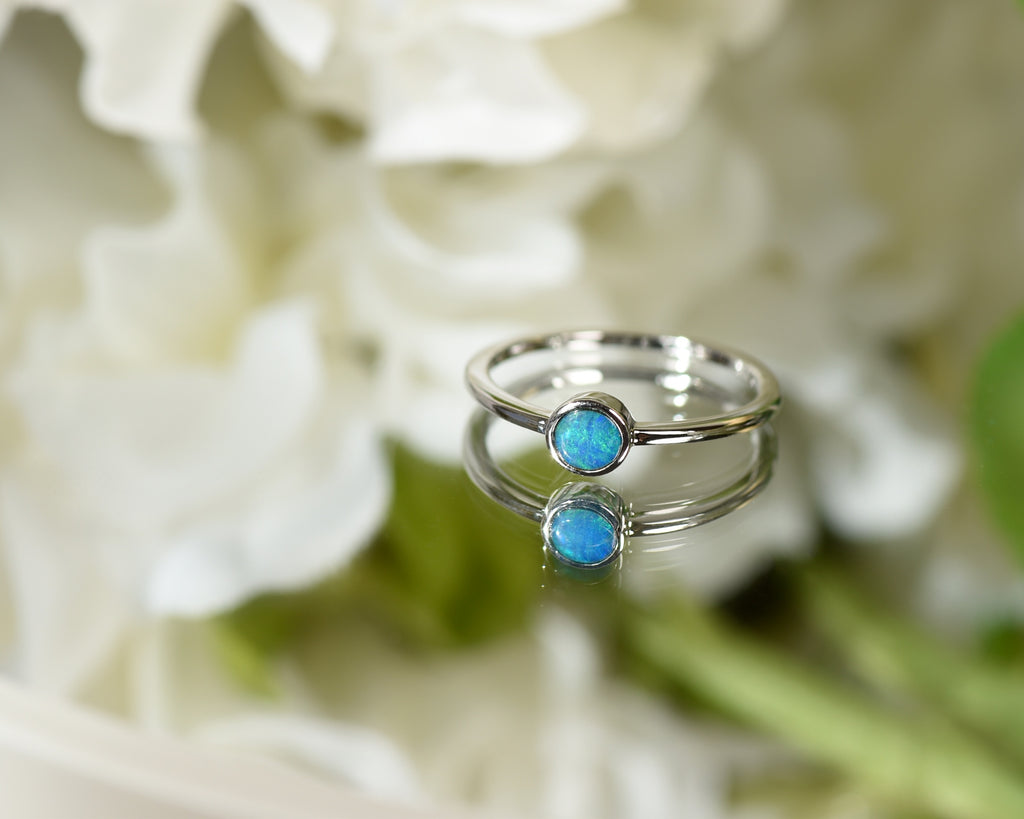Green Round Doublet Opal Ring in Sterling Silver - Mood Shot