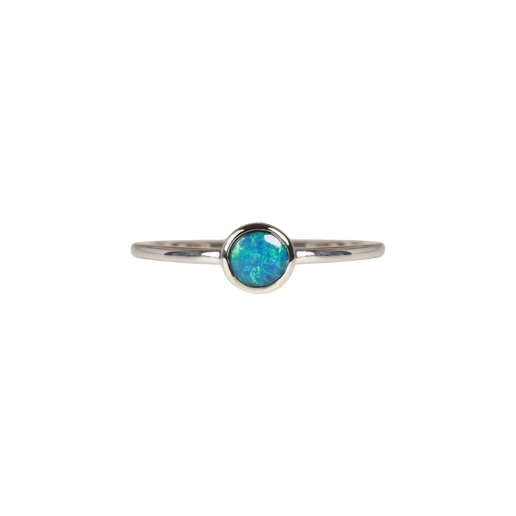 Green Round Doublet Opal Ring in Sterling Silver