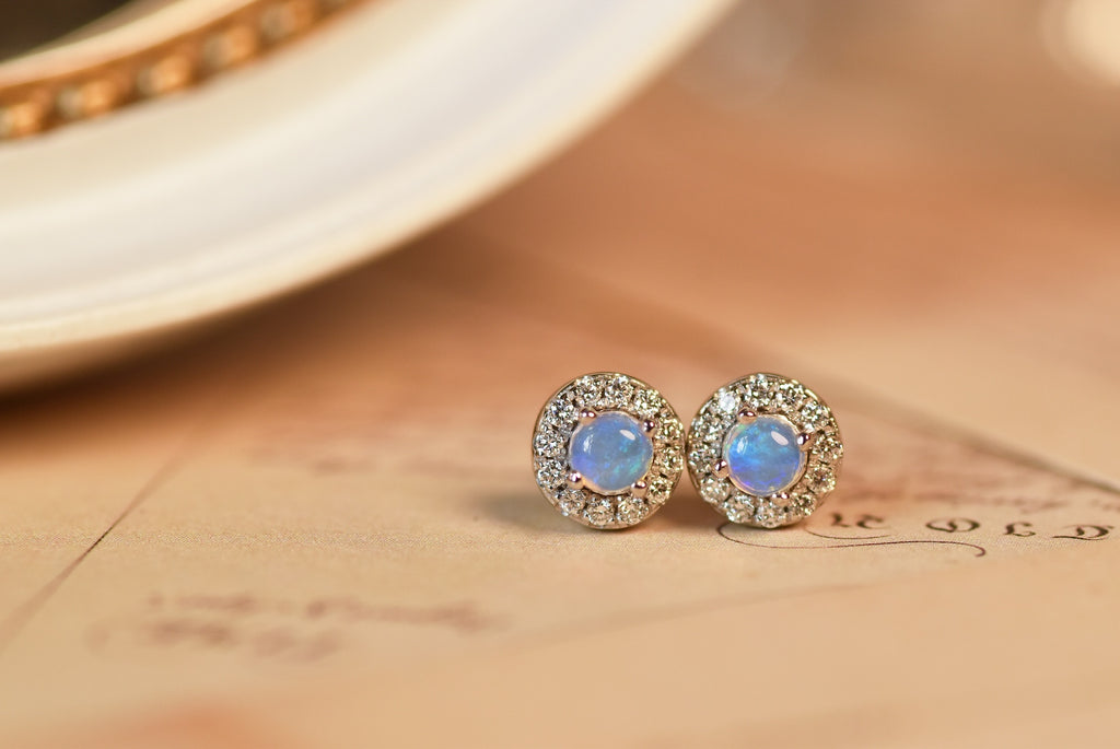 Halo Opal Earrings with Diamonds in White Gold, Blue - Mood Shot