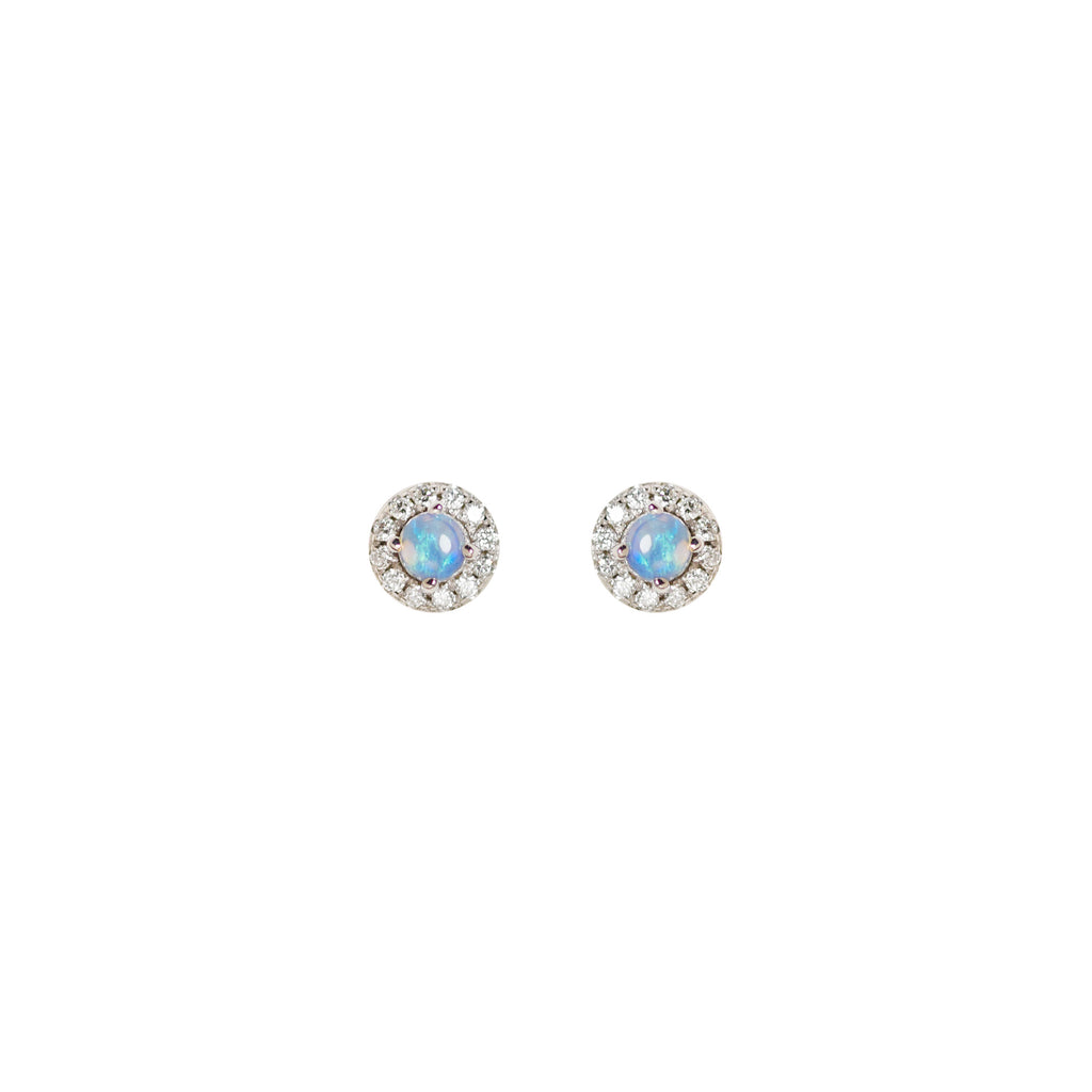 Halo Opal Earrings with Diamonds in White Gold, Blue