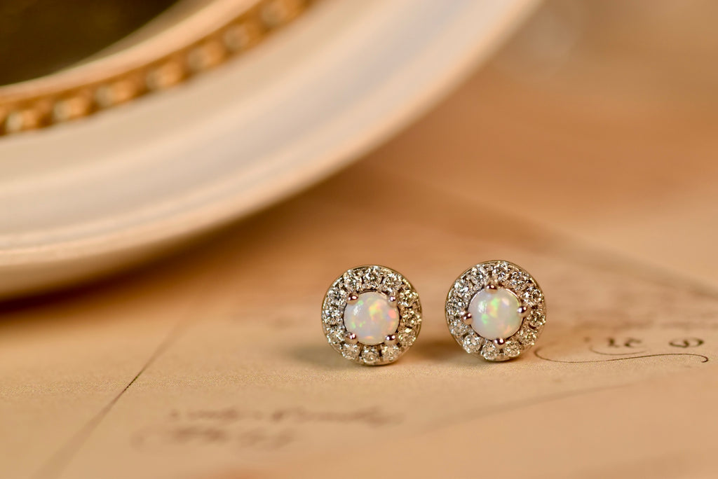 Halo Opal Earrings with Diamonds in White Gold, White - Mood Shot