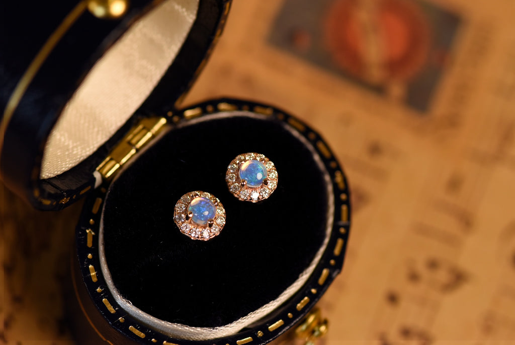 Halo Opal Earrings with Diamonds in Yellow Gold, Blue - Mood Shot
