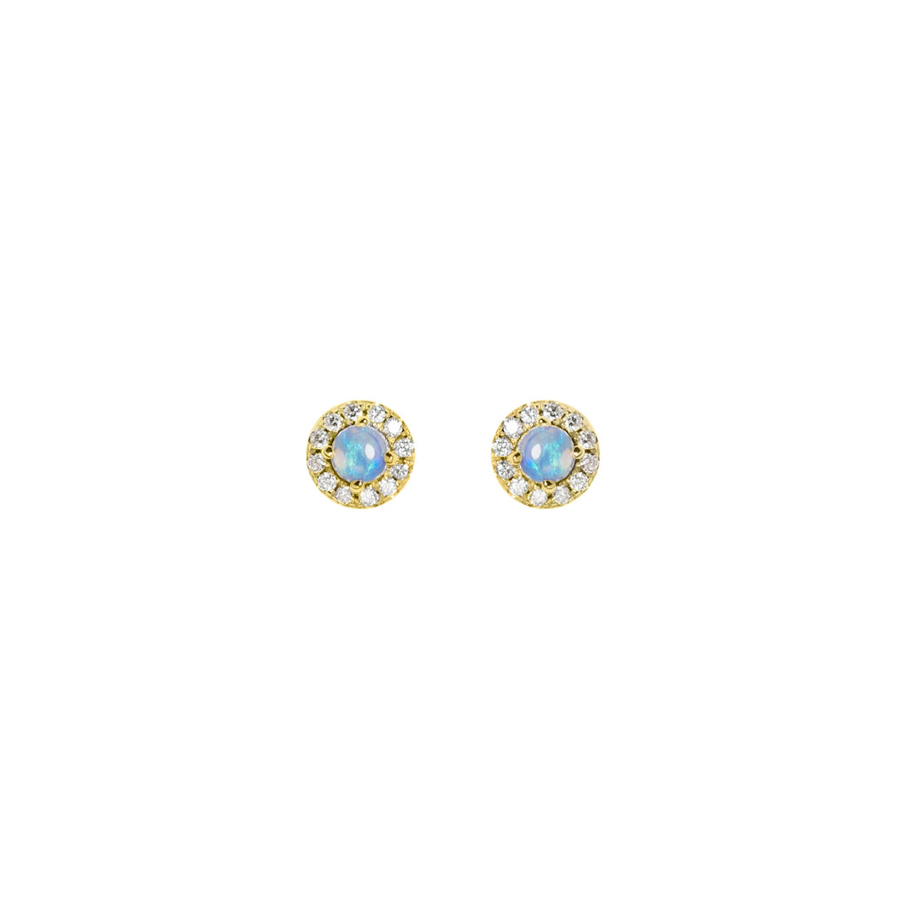 Halo Opal Earrings with Diamonds in Yellow Gold, Blue