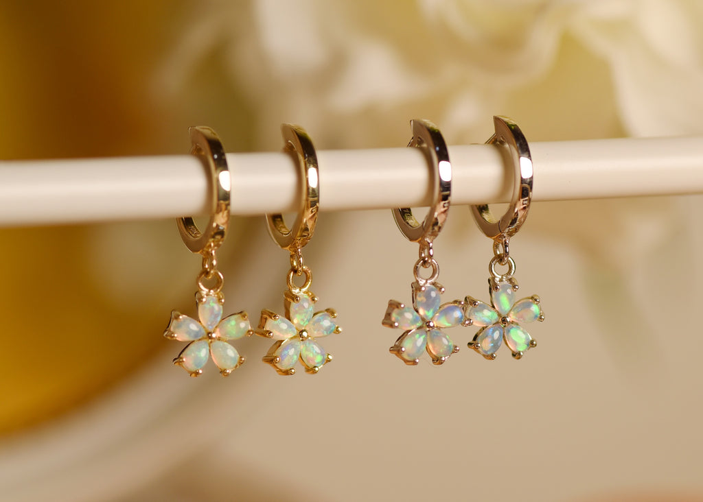 Hana Opal Huggie Earrings in Yellow and White Gold - Mood Shot