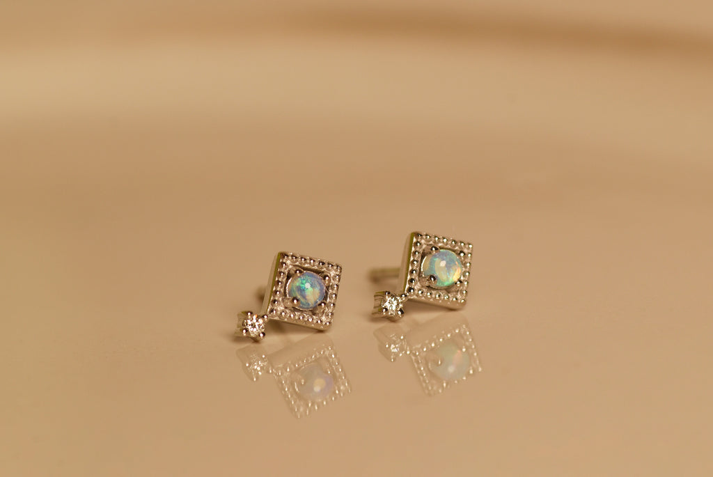 Kite Opal Earrings with Diamonds in White Gold - Mood Shot
