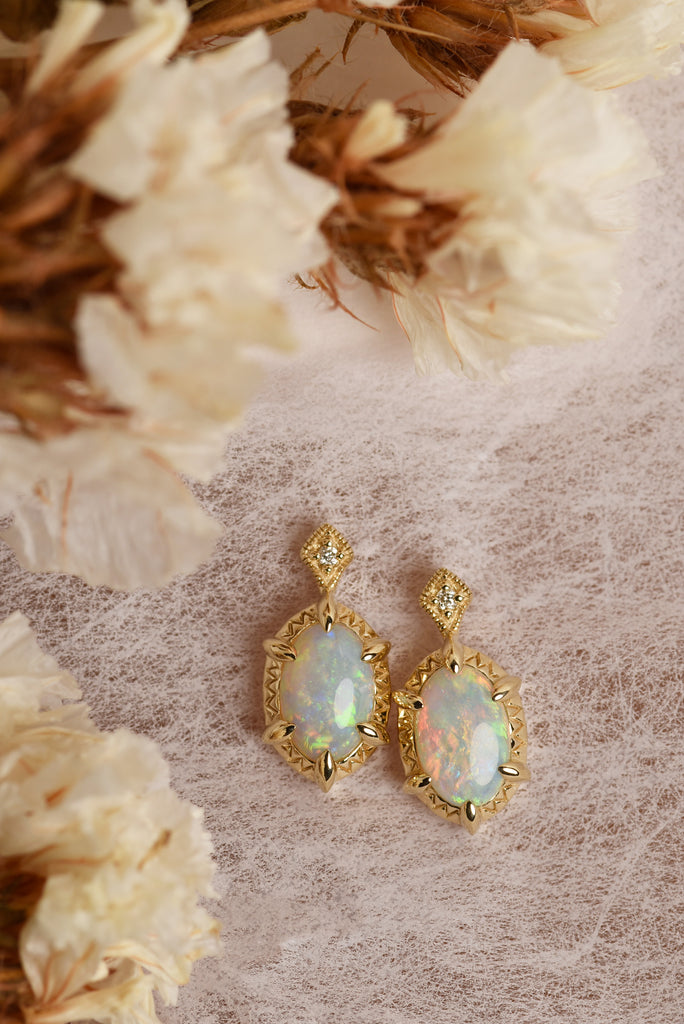 Koharu Opal Earrings with Diamonds in Yellow Gold - Mood Shot
