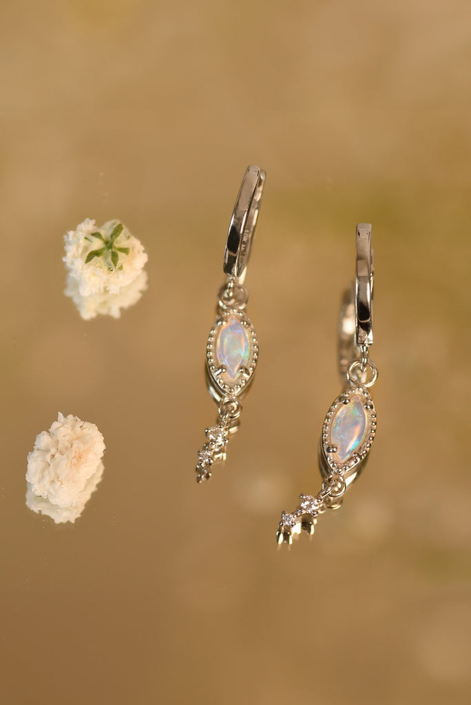 Leaf Opal Drop Earrings with Diamonds in White Gold, Blue - Mood Shot