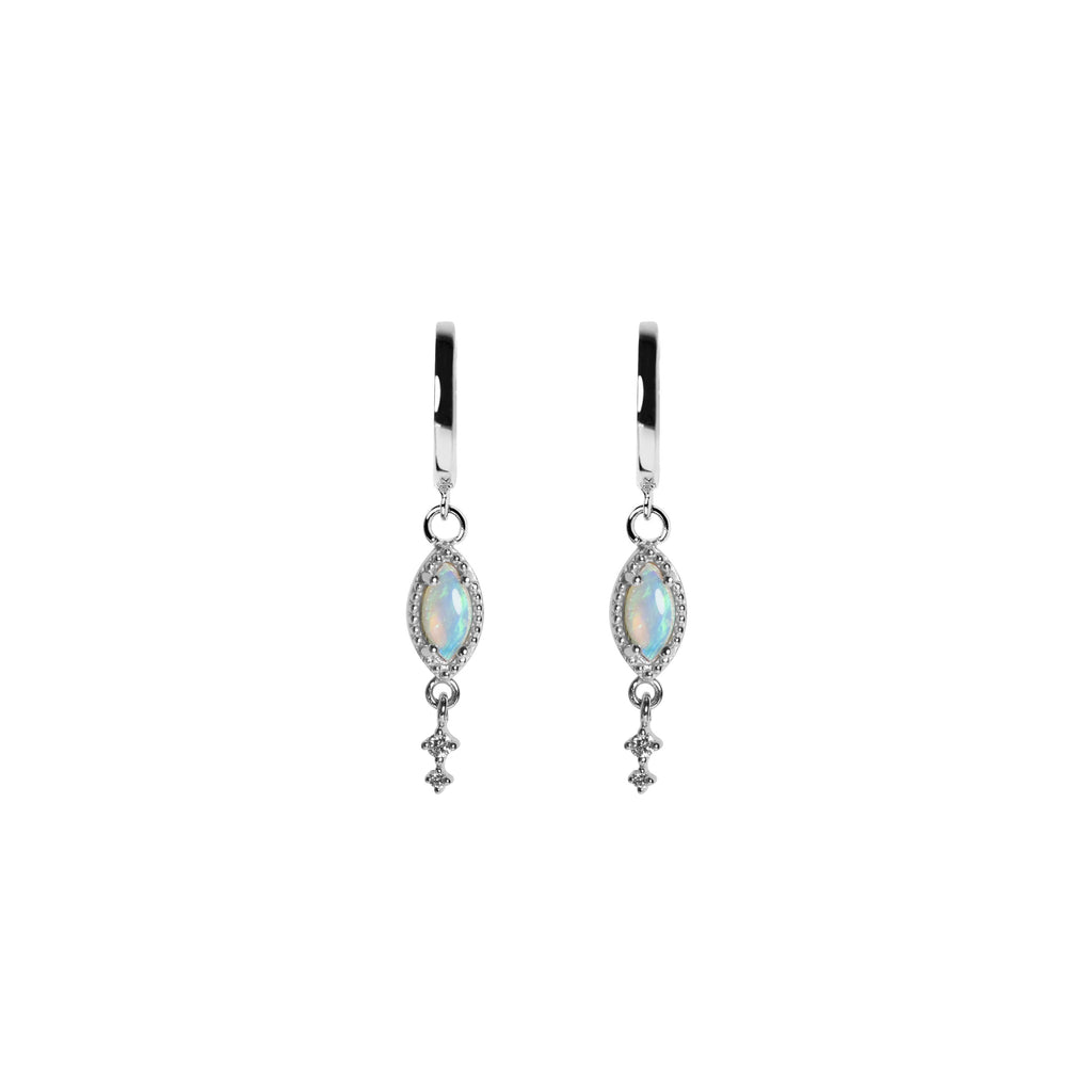 Leaf Opal Drop Earrings with Diamonds in White Gold, Blue