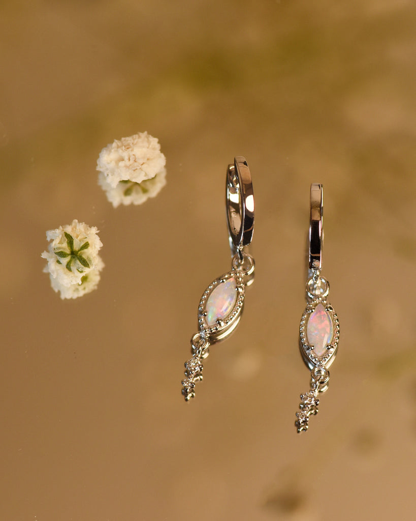 Leaf Opal Drop Earrings with Diamonds in White Gold, White - Mood Shot