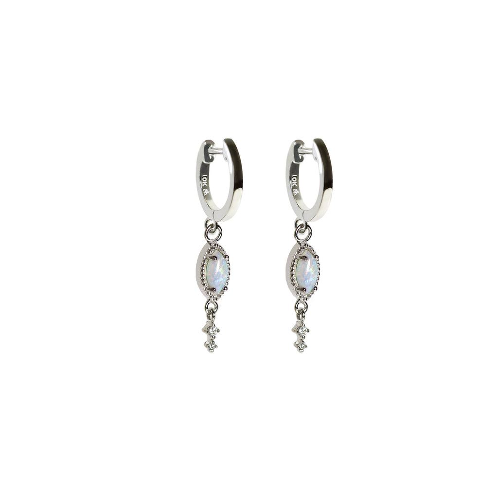 Leaf Opal Drop Earrings with Diamonds in White Gold, White - Side View