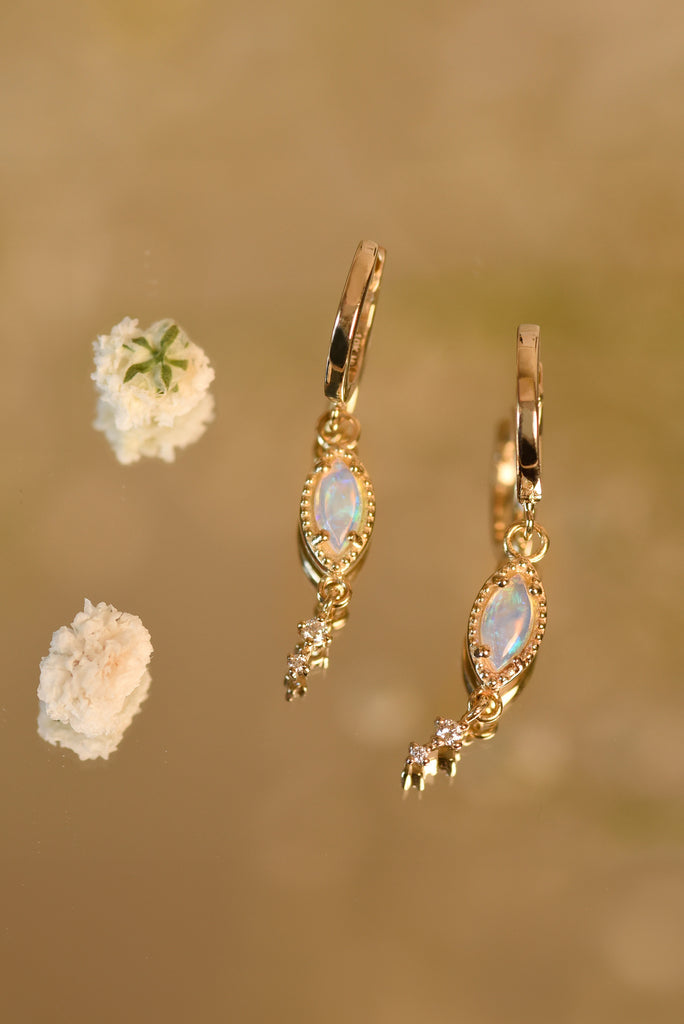 Leaf Opal Drop Earrings with Diamonds in Yellow Gold, Blue - Mood Shot