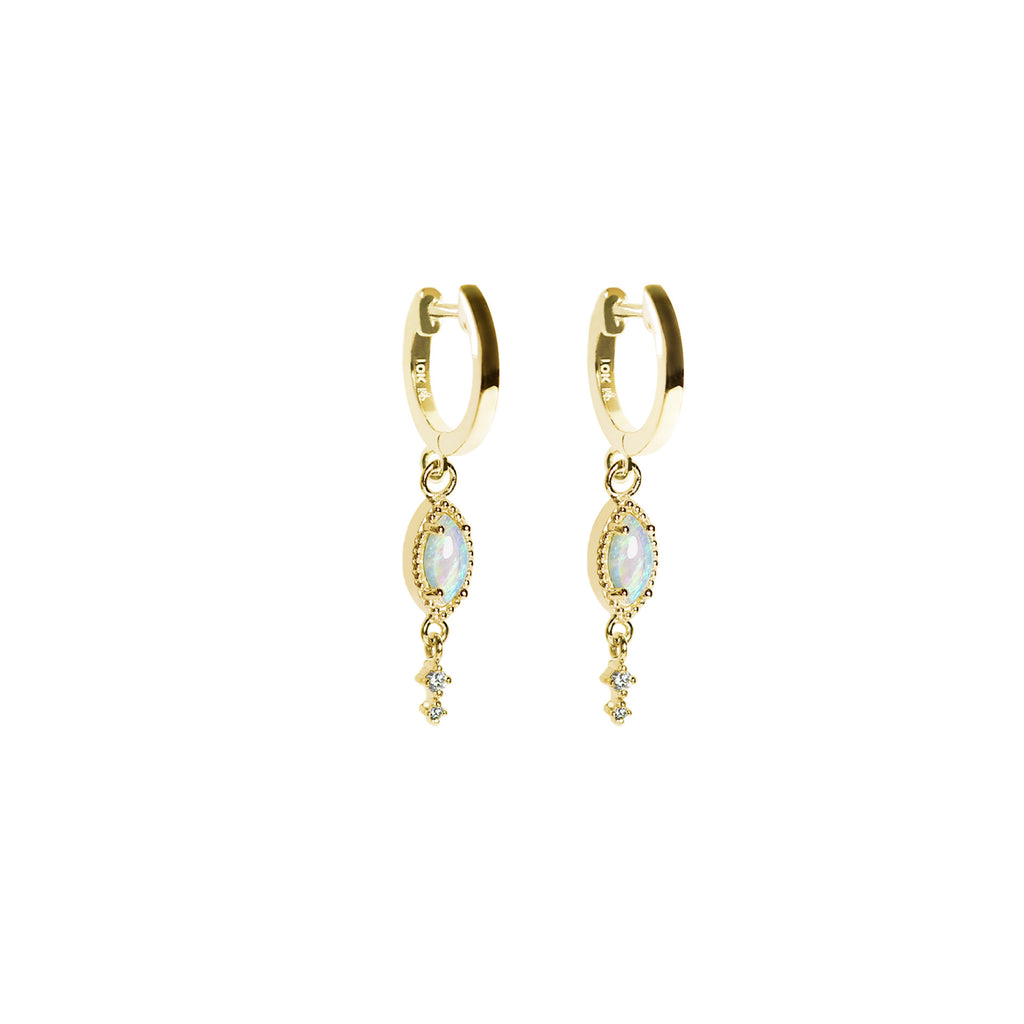 Leaf Opal Drop Earrings with Diamonds in Yellow Gold, Blue - Side View