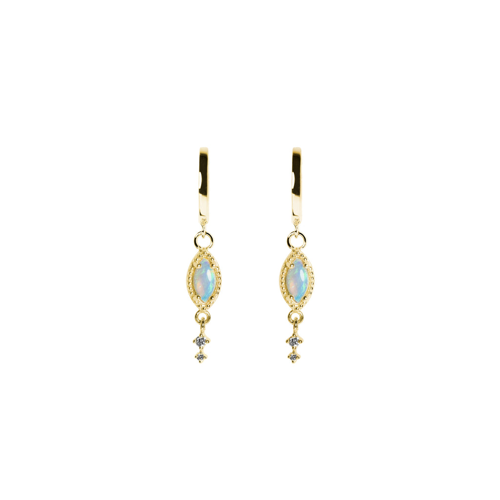 Leaf Opal Drop Earrings with Diamonds in Yellow Gold, Blue
