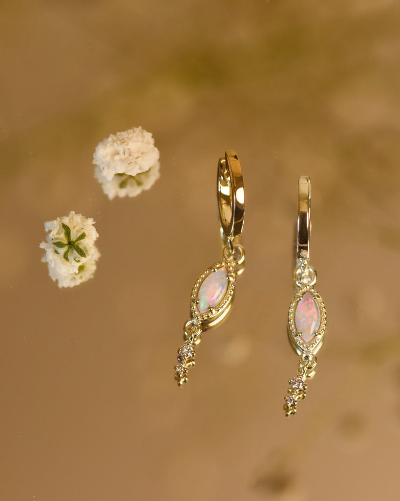 Leaf Opal Drop Earrings with Diamonds in Yellow Gold, White - Mood Shot