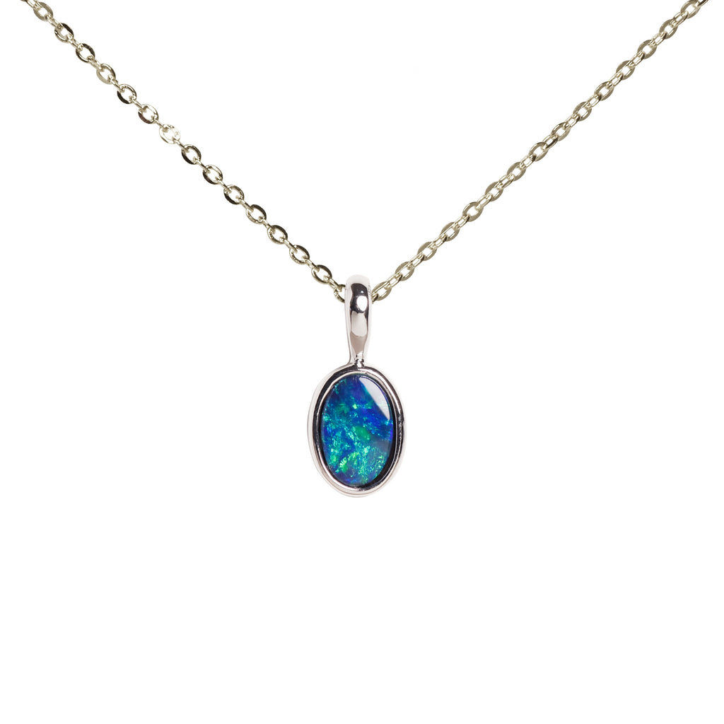 Mini Oval Opal Doublet Pendant in Sterling Silver, Green Blue