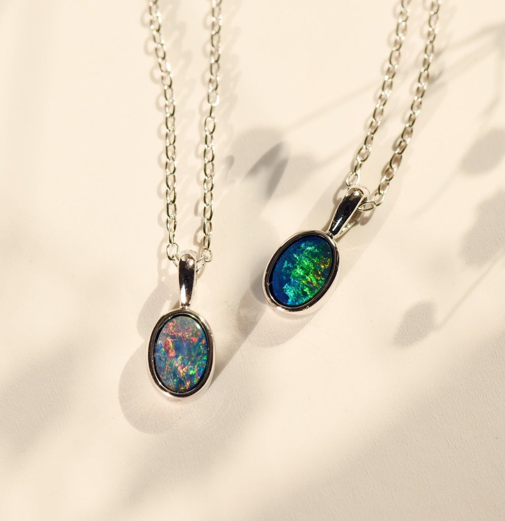 Mini Oval Opal Doublet Pendants in Sterling Silver, Red and Green