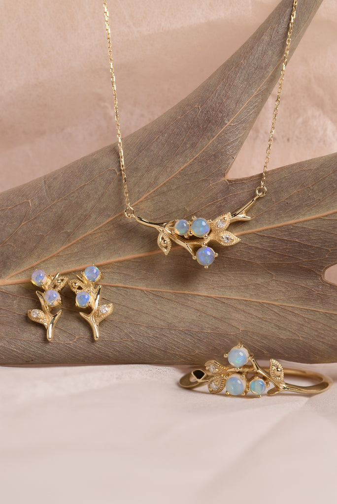 Miyu Branch Opal Ring with Diamonds in Yellow Gold Mood Shot
