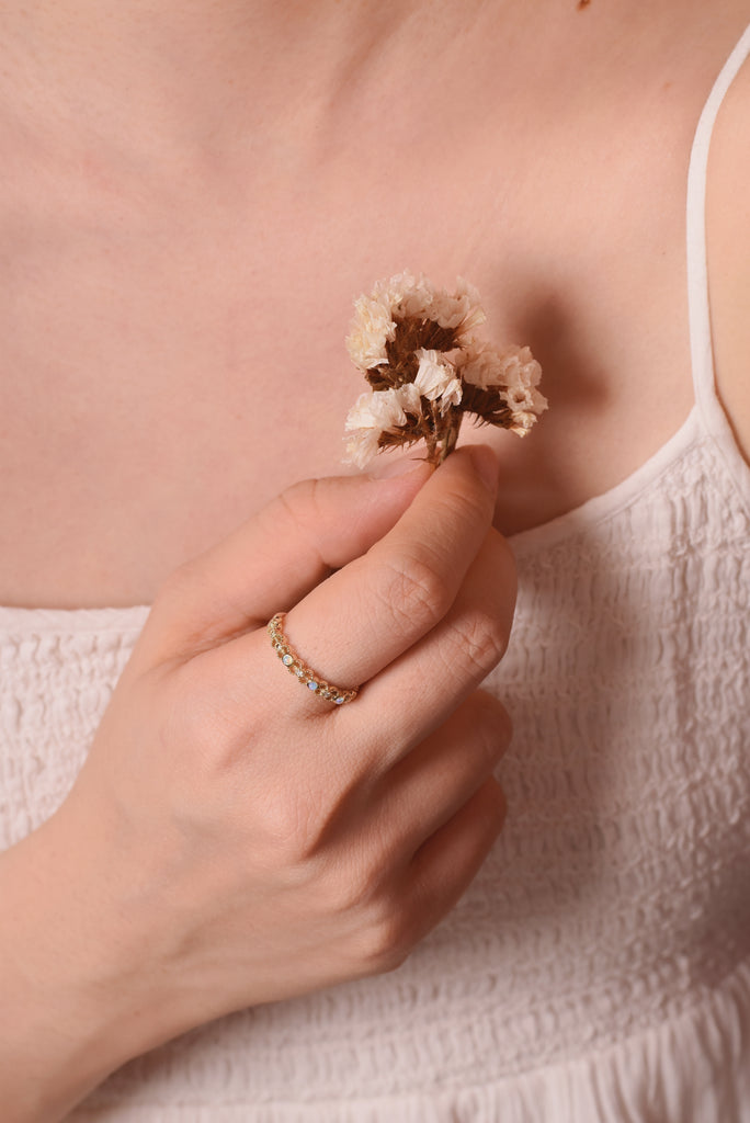 Model Wearing Ayaka Opal Ring with Diamonds in Yellow Gold
