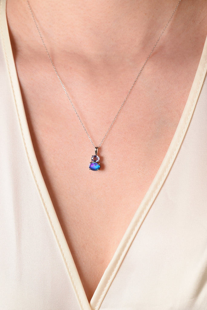 Model wearing Elysia Opal Necklace with Purple Sapphire in White Gold
