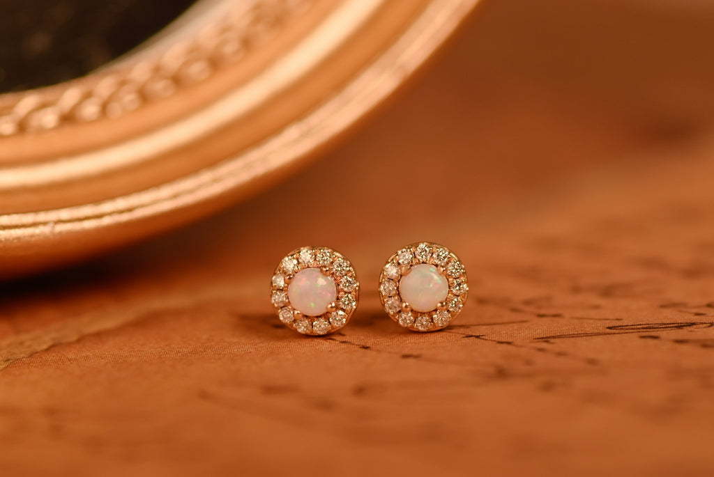 Halo Opal Earrings with Diamonds in Yellow Gold, White - Mood Shot