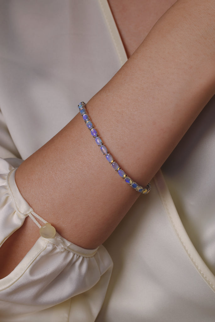 Model wearing Violet Opal Tennis Bracelet in Sterling Silver