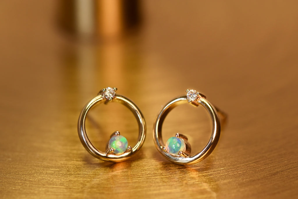 Orbit Opal Earrings with Diamonds in Yellow Gold - Mood Shot