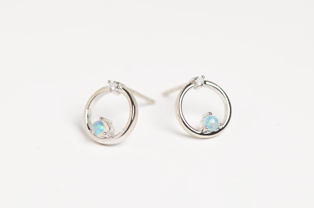 Orbit Opal Stud Earrings with Diamonds in White Gold - Mood Shot