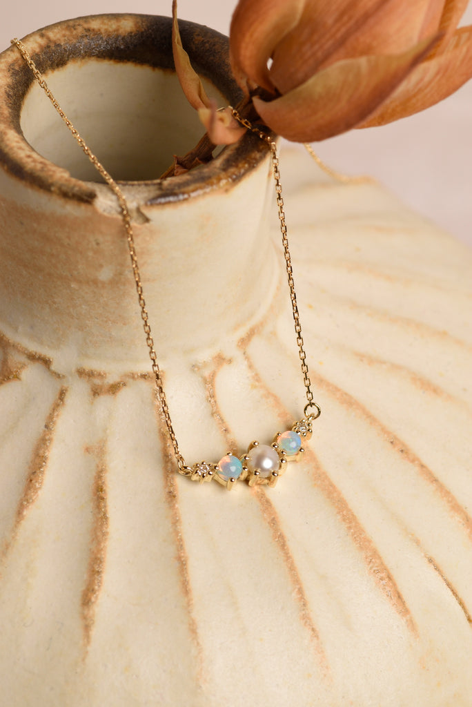 Pearl Opal Necklace with Diamonds in Yellow Gold Mood Shot
