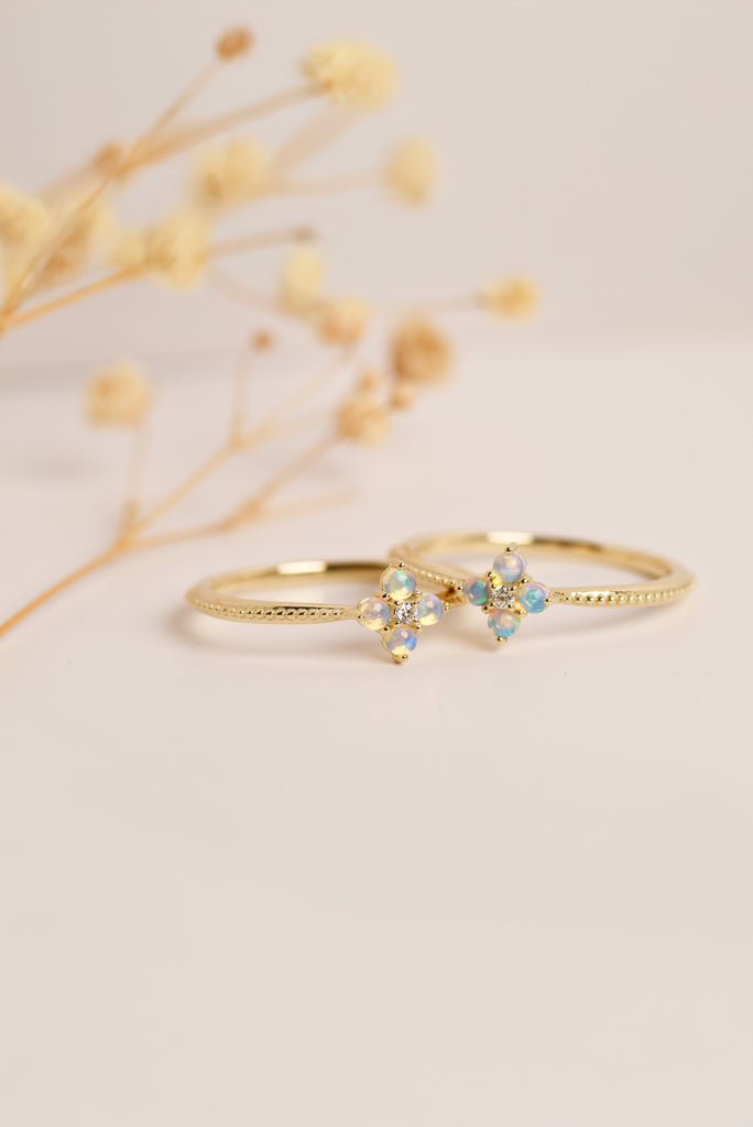 Pinwheel Opal Ring with Diamond in Yellow Gold Mood Shot
