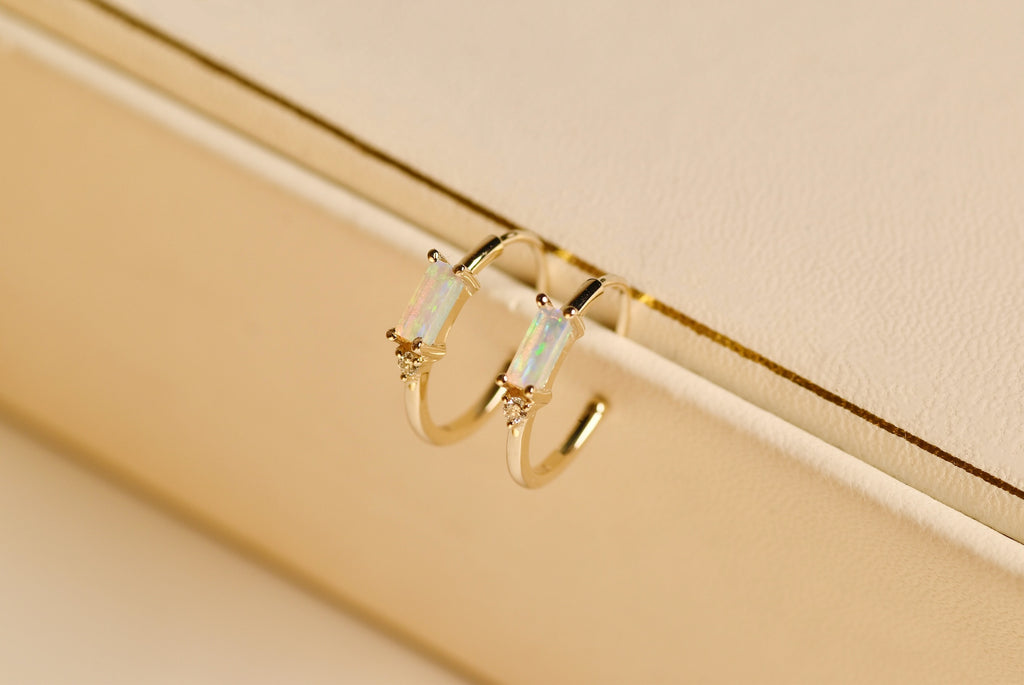 Rectangle Opal Hoop Earrings with Diamonds in Yellow Gold - Mood Shot