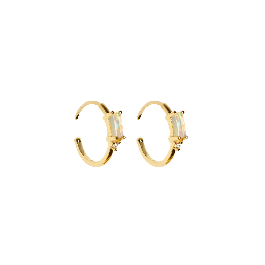 Rectangle Opal Hoop Earrings with Diamonds in Yellow Gold