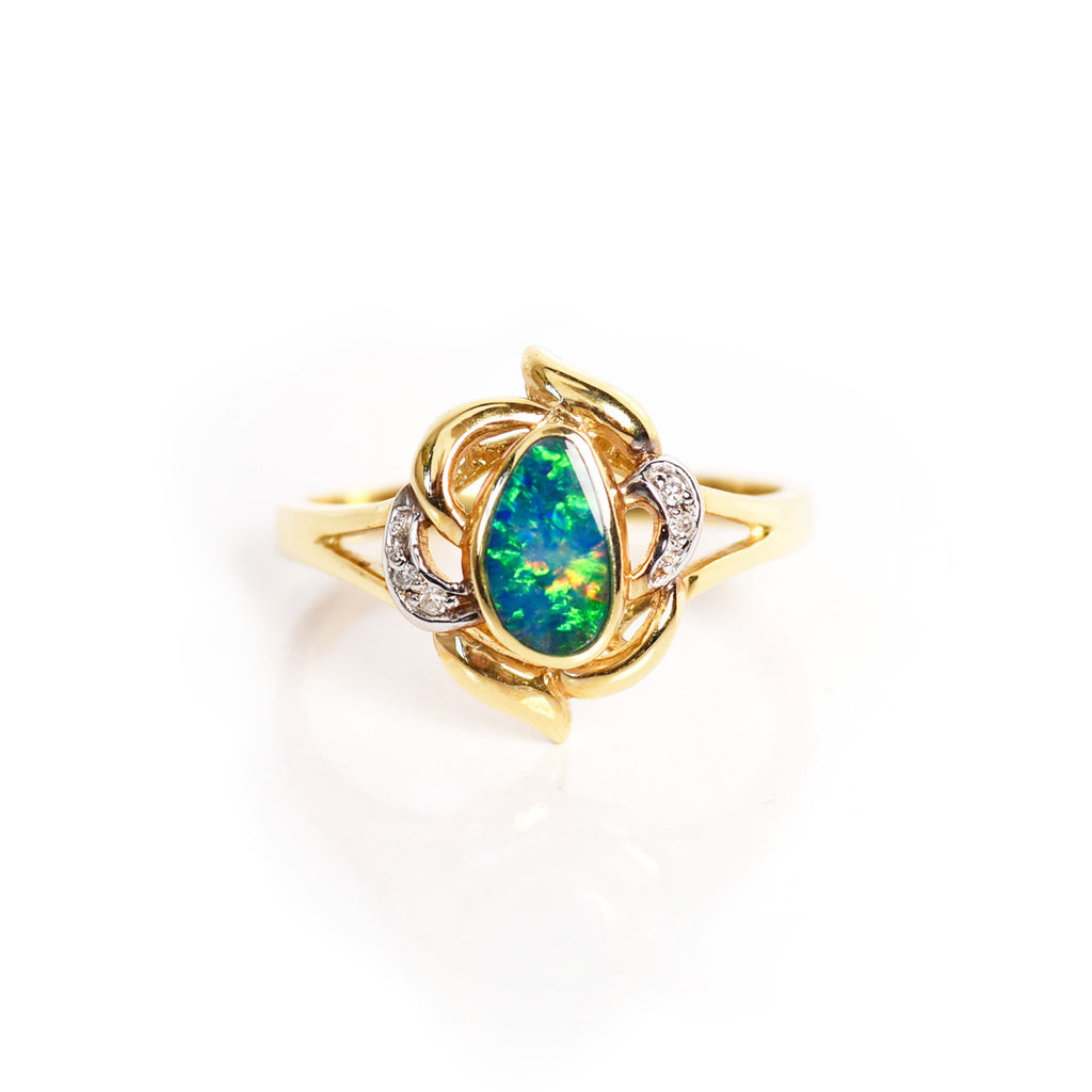 Ribbon Opal Vintage Ring with Diamonds in Yellow Gold