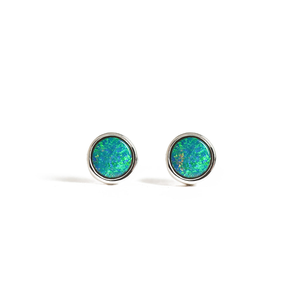 Round Blue Green Doublet Opal Stud Earrings