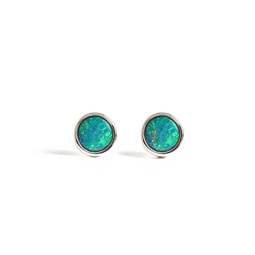 Round Blue Green Doublet Opal Stud Earrings