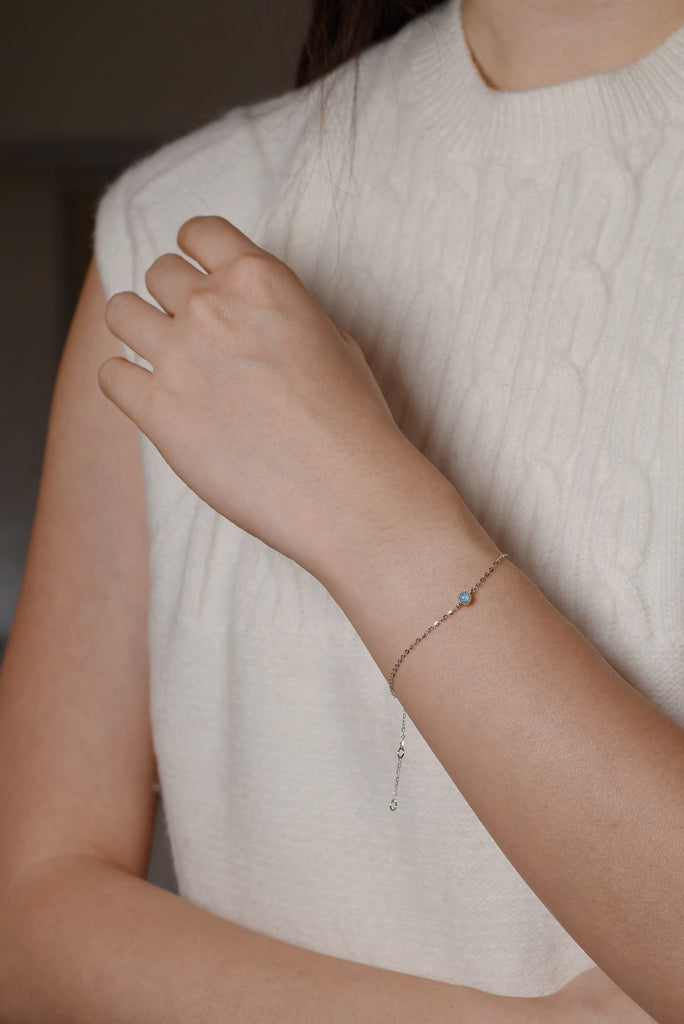 Round Opal Bracelet in Sterling Silver on wrist