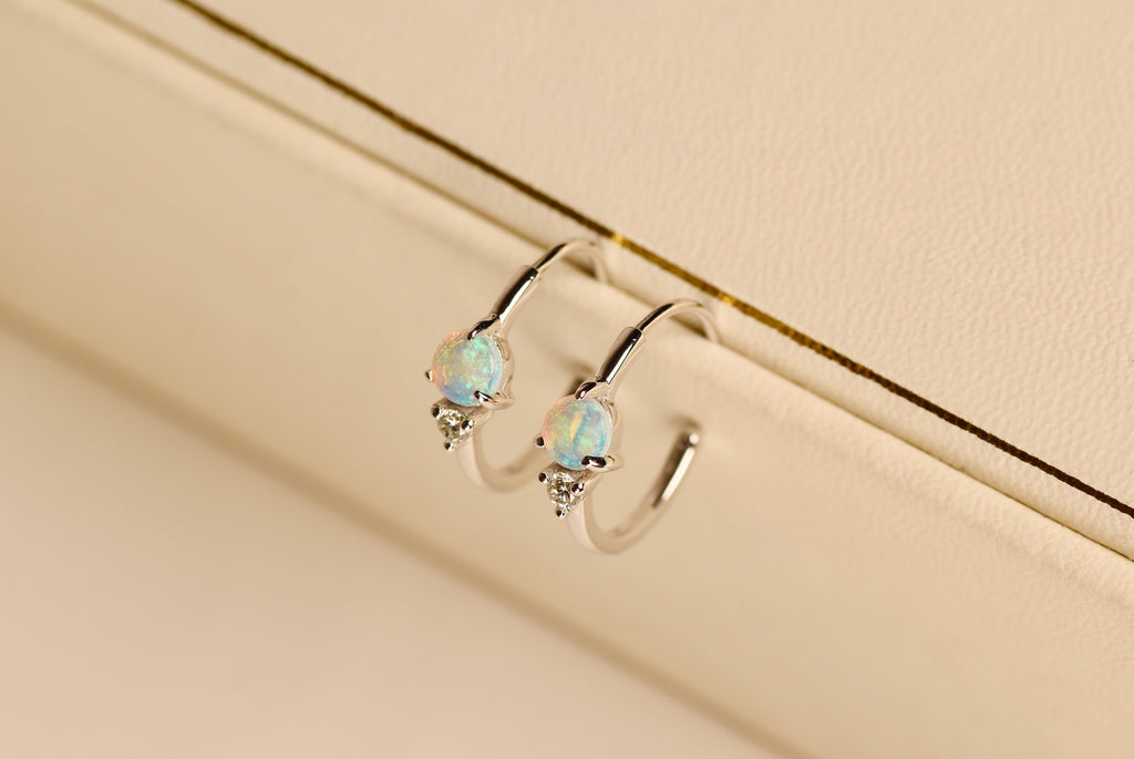 Round Opal Hoop Earrings with Diamonds in White Gold - Mood Shot