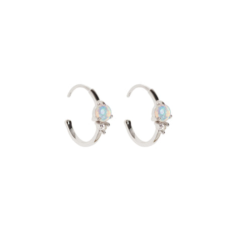 Round Opal Hoop Earrings with Diamonds in White Gold