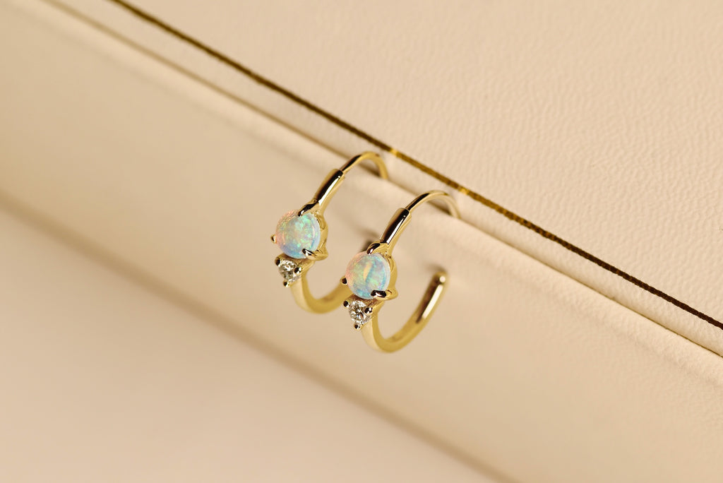 Round Opal Hoop Earrings with Diamonds in Yellow Gold - Mood Shot